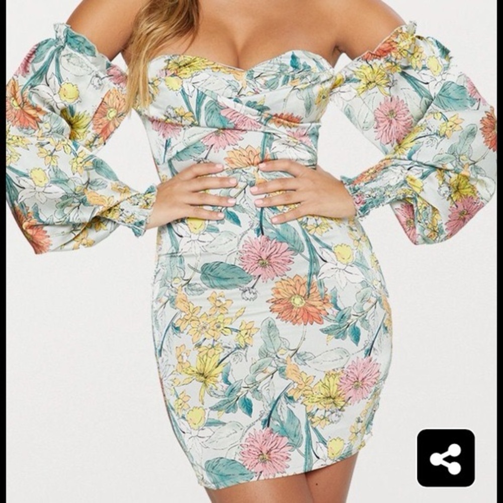 PrettyLittleThing Dusty Blue Floral Bardot Dress